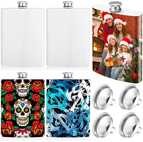 Remerry 4 Pcs Sublimation Flasks Blank 8 oz Hip Flasks for Liquor with Metal Cap and Leakproof Funnel Stainless Steel Men DIY Craft Groomsmen Gifts Containers for Wedding