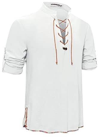 YAOHUOLE Men's Linen Shirt Long Sleeve Retro Lace Up Shirts for Medieval Costume Renaissance Pirate Tops Scottish Ghillie Shirt Viking Clothing