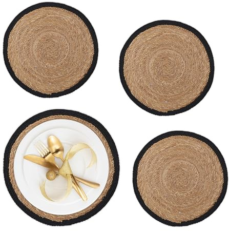 Relaxdays 4 Salvamanteles, para Mesa de Comedor, Jacinto de Agua, Manteles Individuales, Redondos, 37cm Ø, Natural/Negro