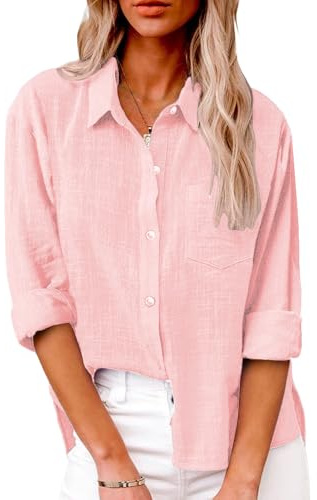 Friptspyg Blusa de Mujer con Cuello en V y Manga Larga 100% Algodón Casual con Bolsillo Suelta y Versátil para Verano, Rosa XXL