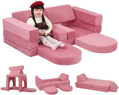 MeMoreCool Corduroy Kids Sofa, Modular Toddler Chair Couch, Pink | Fold Out Foam Couch for Girls Boys, Convertible Armchair Children Sofa