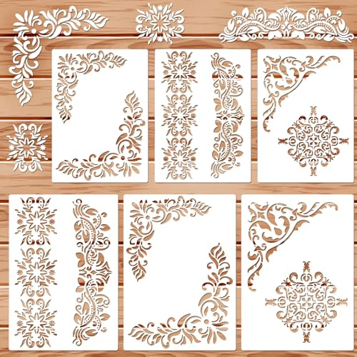 6 plantillas para pintar sobre madera, plantilla de esquina floral vintage para pintar, plantillas de esquina reutilizables para madera, lona, papel, tela, suelo, arte DIY