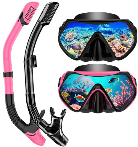 Snorkeling Gear for Adults, Snorkel Set Scuba Diving mask Dry-Top, Adult Swimming Goggles with Nose Cover, HD Tempered Glass Panoramic Anti-Leak Anti-Fog