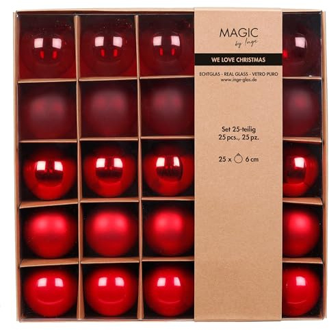 Weihnachtskugeln Glas 6cm 25er Set - transparent, matt & glänzend - Christbaumkugeln Weihnachtsbaumkugeln für Weihnachten - Christbaumschmuck & Weihnachtsbaumschmuck Rot - Merry Red Flow