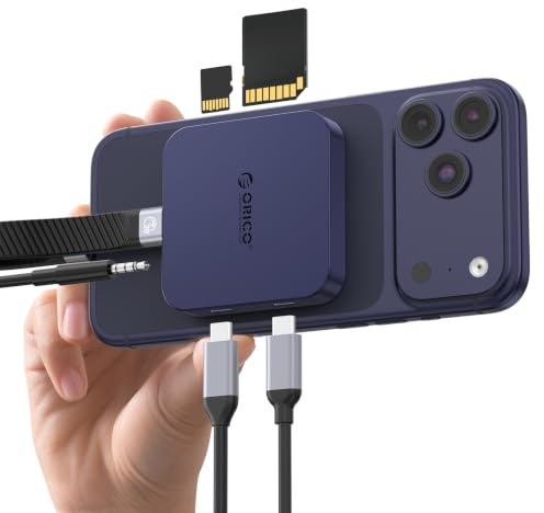 ORICO Lector de Tarjetas SD USB-C magnético, Card Reader SD 3.0, con Puerto USB-C 100W, Type-C 5 Gbps, AUX 3,5 mm, Compatible con iPhone 17/16/15, Transferencia de Datos 104 MB/s, AIR5C