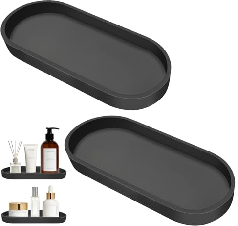 XiaoXiaoZhiJia 2 Pezzi Vassoio Portaoggetti da Bagno in Silice,Vassoi Decorativi per Bagno,Adatto per bagni, camere da letto, lavabi, cucine e soggiorni ((Ovale nero - 25 × 11 × 2 cm))