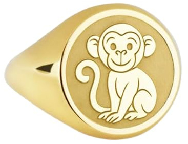 LKBEADS Apa i 925 sterlingsilver | Guldpläterad ring | Sigillring i rund form, 14 x 14 mm | Bandstorlek US 5–12,5 avelaibal | LKDR_0245