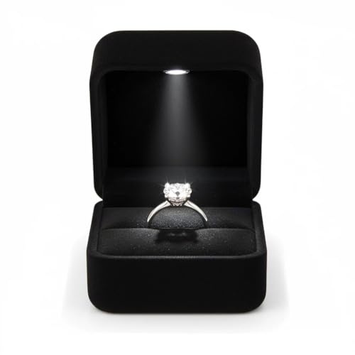 YounBeauty Black Velvet LED Ring Box for Proposal - Automatic Light Up Jewelry Box with Suede Lining, for Engagement Wedding Rings & Romantic Surprises