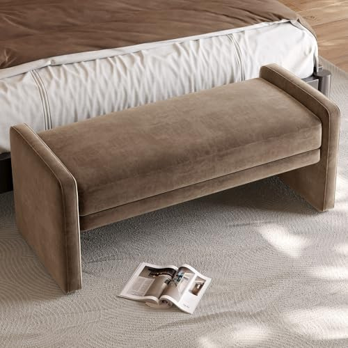 FURTOGUYI Bedroom End of Bed Bench, Upholstered Long Bench with Soft Velvet Fabric, Modern Shoe Changing Ottoman Bench for Bedroom, Hallway and Entryway