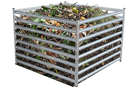 Relaxdays compostador metálico para jardín, 900 L, Hojas, Refuerzos, Acero Plateado, 90×100×100 cm