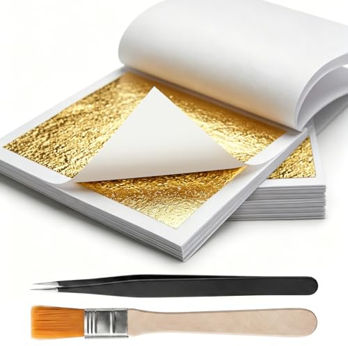 100 Pcs Imitation Gold Leaf Sheets with Tweezer and Brush, Gold Foilr for Gilding, Crafts, Furniture Decor and DIY Projects