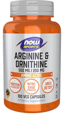 NOW Sports Nutrition, Arginine & Ornithine 500/250 mg, Amino Acids, 100 Veg Capsules
