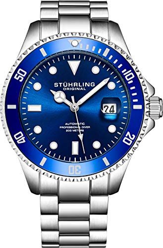 Stuhrling Original Edizione Deep Blue Orologio Automatico da Uomo 200m Orologio sportivo resistente all'acqua, con corona a vite, braccialetto in acciaio inox, lunetta girevole unidirezionale
