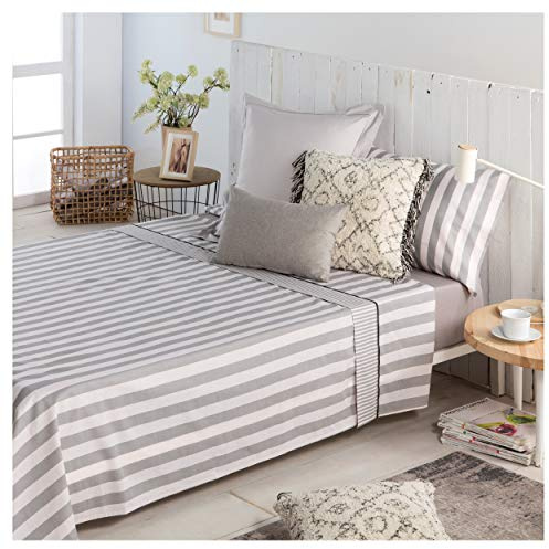 COTTON ARTean Juego sábanas Cama 150 Percal Algodón 180 Hilos Lines Gris