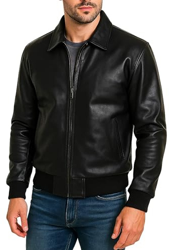 Fashion_First Black Leather Bomber Jacket Mens Casual Leather Jackets For Men Uk Black Trucker Jacket