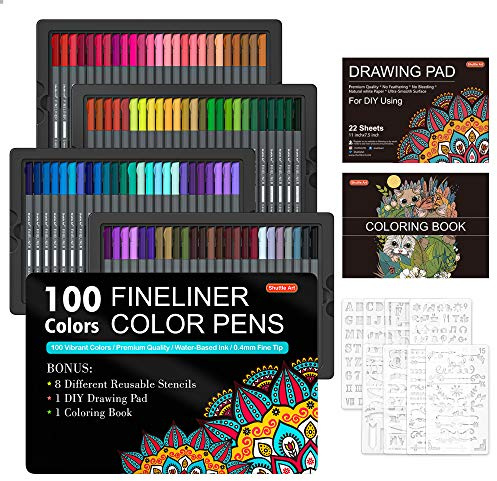 Shuttle Art Fineliner Colored Pens, 100 Colors 0.38mm Fine Point Pens with Stencils & Adult Coloring Books for Coloring, Drawing, Detailing, Writing Note Taking Calendar and Journal Art Projects