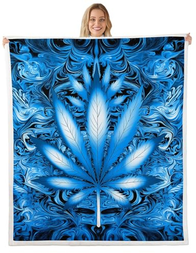 Cannabis Leaves Sherpa Blanket Marijuana Leaf Throw Blanket Psychedelic Marijuana Weed Plush Blankets and Throws Trippy Hemp Fuzzy Blanket for Bed Sofa Couch Red for Kids Adults,Blue 87 x 95 Inches