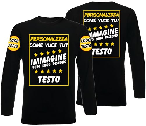 t-shirteria Maglietta Personalizzata Uomo, Donna e Bambino a Maniche Lunghe - Stampa Fronte, Retro e Maniche con Foto, Testo, Loghi - T-Shirt in Cotone Ideale Come Regalo o Maglia Aziendale