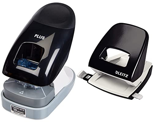 Klammerloser Hefter Schreibtischmodell in Schwarz, Heftleistung 10 Blatt & Leitz Büro Locher aus Metall, Für 30 Blatt, Anschlagschiene mit Formatangaben, Ergonomisches Design, schwarz, 50080095