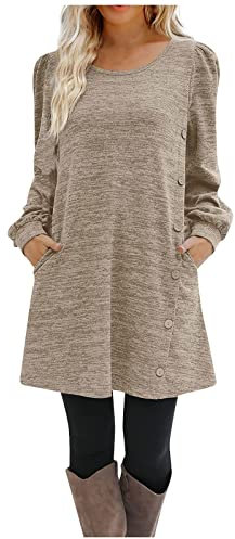 Strickkleid Damen Festliche Kleider Für Rotes Kleid Rundhals Einfarbig Mit Knöpfen Langarm Kurz Freizeitkleid Taschen Abendkleid Warm Minikleid Herbst Winter Khaki M