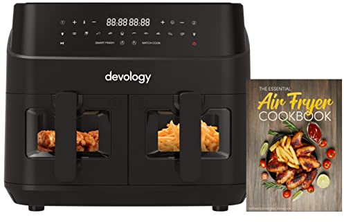 Devology Double Air Fryer - 9L - 2 x 4.5L Independent Cooking Zones With Light Up Glass Front - Free 50 Recipe Cookbook- 10 Cooking Programs - Digital LED Display - Healthy Oil-free Fryer - Portable