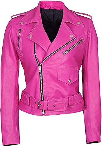 Suiting Style Veste de moto classique en cuir véritable pour femme - Rose vif, rose vif, S