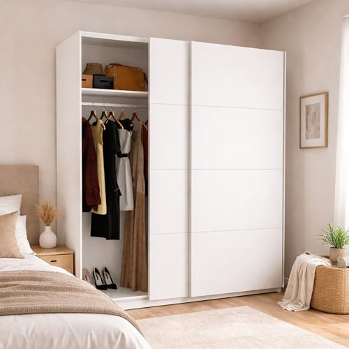 Dmora Guardaroba 2 Ante Saltoro 65x204h cm Bianco Bianco Lucido Appendiabiti un Ripiano, Armadio Camera da Letto 2 Ante