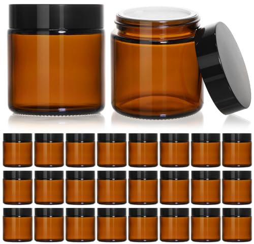 KEYWING 4oz Small Glass Jars with Black Lids, 24 Pack Amber Empty Cosmetic Containers Round Glass Jar with Inner Liners for Lotions, Powders and Ointments