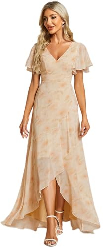 Ever-Pretty Robe pour Mariage Invité Femme Longue Asymétrique Manches Courtes Col V Fendue Fluide Chic Rose Dorée 50