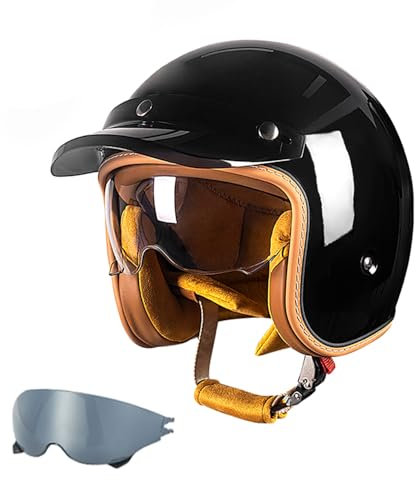 Shkalacar Motorrad Halbhelm, Offener Motorradhelm für Erwachsene Avec Abnehmbares Futter und Krempe, Sonnenschutz, Bequem und atmungsaktiv, Retro Helme für Bike Cruiser Chopper(Leuchtend schwarz-L)