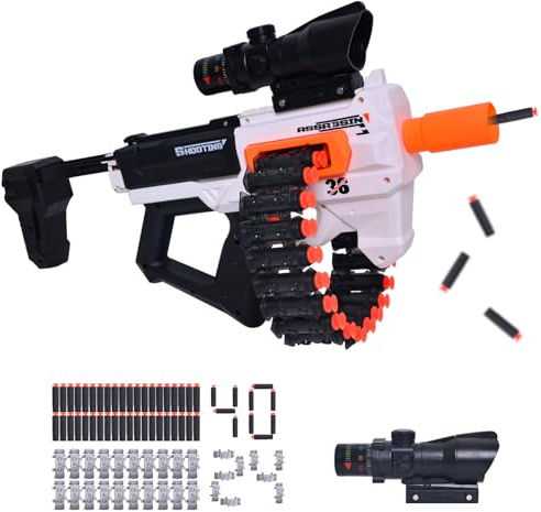 LAXISCREED Pistola Juguete Metralleta de Balas de Espuma - Cargador de Cadena de 24 Balas, 40 Proyectiles de Espuma y Mira de Precisión - Ideal para Niños de 8 Años o Más