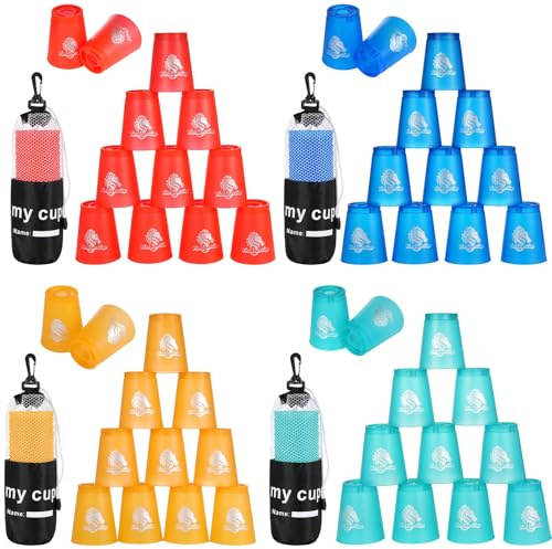 yeesport 48 Sport Stacking Cups Red/Blue/Green/Orange for Kids & Adults | Air vents reduce resistance; inner ribs for smooth separation; thickened rims; mesh bag with drawstring & hook for travel