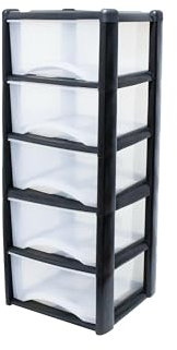 Neat. 5 Plastic Storage Drawers Unit with See-Through Drawers, Compact Vertical Design – Durable Plastic, Ideal for Organizing Office Crafts, and Household Items, 100cm x L39cm x W39cm - Black/Clear