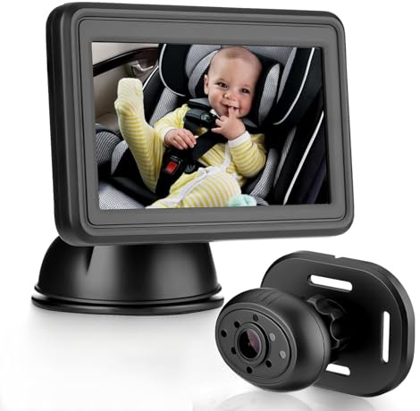 GEARMONSTER Caméra de voiture pour bébé HD 1080P, caméra de siège arrière 4,3'' avec moniteur, USB Plug-and-Play, caméra de rétroviseur de voiture avec vision nocturne, écran de rétroviseur de voiture