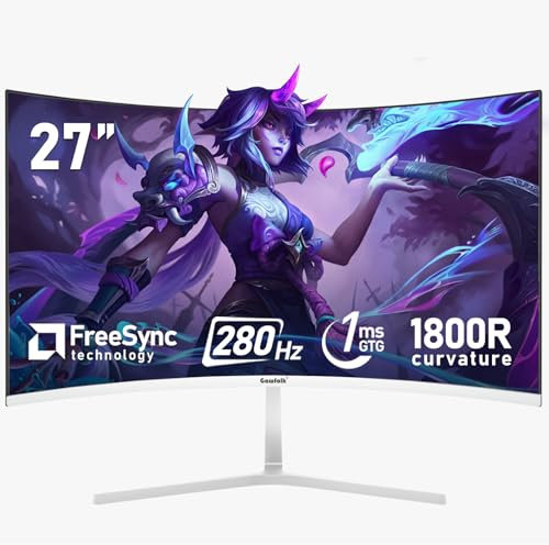 Gawfolk 27 pulgadas 280Hz curvo monitor para ordenador de juegos, 1800R, FHD 1080P, 98% sRGB, 1ms,FreeSync,178° gran angular,HDMI、DisplayPort,Compatible con el montaje en pared 100 * 100mm - blanco
