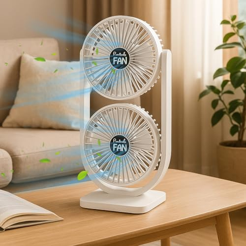 Kaucytue Desk Fan, USB Charging Dual-Head Portable, Tower Fan with 3-Speed Settings & Rotating Design for Home Office Desktop Bedroom, White