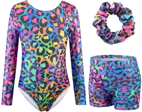 XiaoMoSha Girls Three-Piece Gymnastics Leotards Set Long Sleeve Leotards with Shorts and Hairband Sparkly Ballet Dance Unitards Gradient Color Design Gymnastics Outfits for Kids 3-12 Years