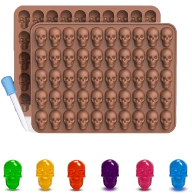 CULEB 2 PCS 50 Cavità Stampo per Caramelle in Silicone Teschio con 1 Contagocce,Stampo in Silicone per Halloween per Cioccolato,Caramelle,Gelatina,Praline,Cubetti di Ghiaccio,Saponi