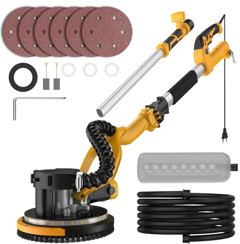 Lijadora Jirafa con aspiradora 880W,Eléctrica Plegable Lijadora de Pared Succión,5 Niveles Velocidades 2100RPM Velocidad,Eliminación de Polvo Automático,LED Pulidora Amoladora de Techo Mango