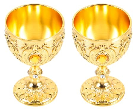 SHINEOFI Lot de 2 Verres à Vin Vintage en Métal Doré Calices Médiévaux Ornés de Gravures Coupes Rétro Décoratives pour Fêtes Médiévales Halloween et Dégustation Accessoires de Table