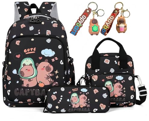 HOLVA Capybara ryggsäck söt skolryggsäck 3-delat set med lunchlåda och pennfodral, tecknad bärbar dator resväska för flickor, Svart, M