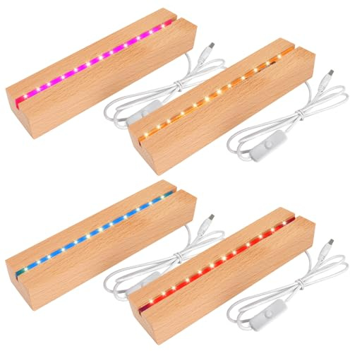 PORFOYO 4 piedistalli LED per vetro acrilico, 30 cm, attacco luminoso LED per vetro, 7 colori, attacco luminoso USB in legno, rettangolo illuminato, supporto per display per cristalli, piastra in
