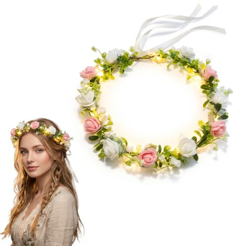 Diadema de Flores Mujer, Corona de Flores Luminosa para Hora Loca Boda, Fiesta, Despedida de Soltera y Festivales - Tocados Brillantes y Accesorios para el Pelo