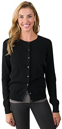 JENNIE LIU Women's 100% Cashmere Button Front Long Sleeve Crewneck Cardigan Sweater (1575, Black, Medium)