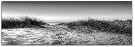 Leinwandfoto als Panorama SCHWARZ/WEISS 120x40cm Sanddüne Gräser Meerblick Himmel