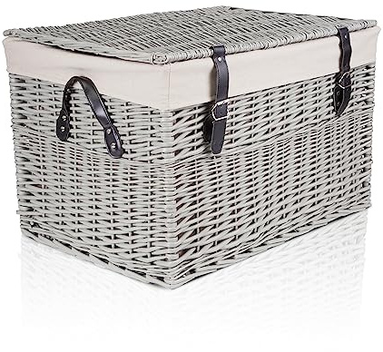 green leaves Large Wicker Basket with Lid with Liner Trunk Baby Nursery Toys Blanket Storage Chest Basket (Grey, Extra Large)
