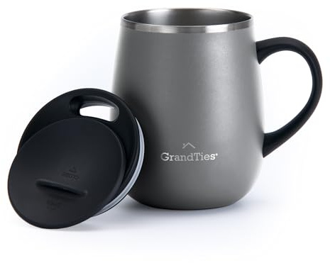 Grandties Thermo Kaffeebecher mit Griff - Schiebedeckel für Spritzschutz 480 ml - Steingrau, L, Grau