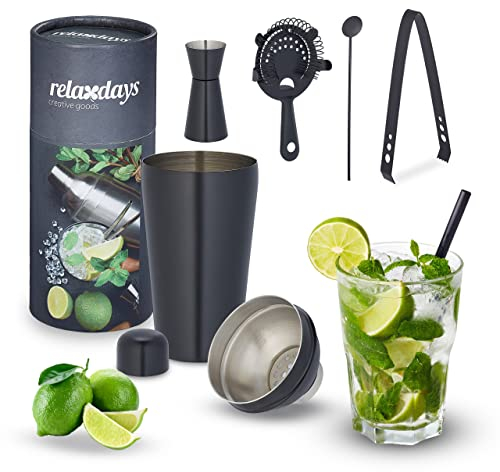 Relaxdays Set da Cocktail, 5 Accessori da Barman, Shaker, 500 ml, Acciaio Inox, Kit da Barista, Angolo Bar Casa, Nero