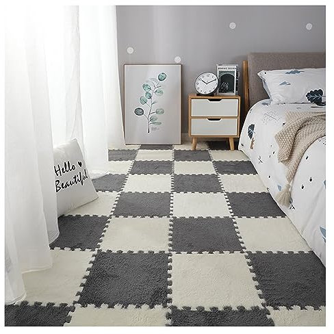 30 X 30 cm Große Plüsch-Puzzle-Schaum-Bodenmatte, 12 Ineinandergreifende Teppichfliesen, Puzzle-Teppich, Weiche Schaumstoff-Spielmatten Für Schlafzimmer Und Spielzimmer(Color:Beige+Hellgrau)