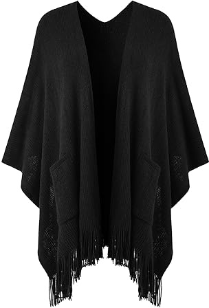 Ferand Shawl Wraps for Women, Cozy Lightweight Poncho Cape with Pockets, Warm for Fall Winter Travel, Black